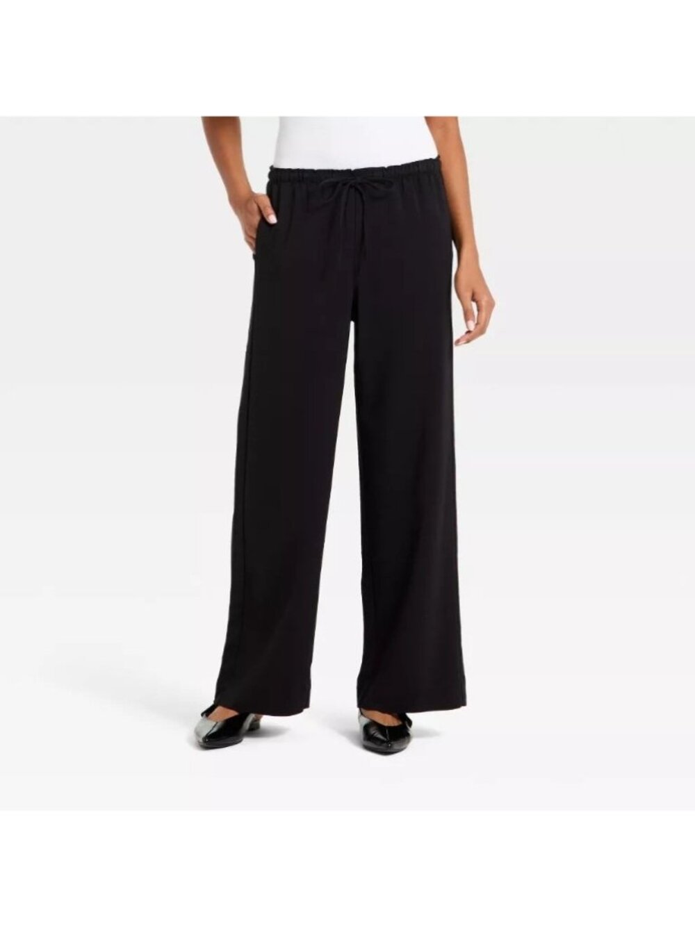 A New Day Effortless Black Pull-On Wide Leg Pants SMALL LONG Drawstring Elastic